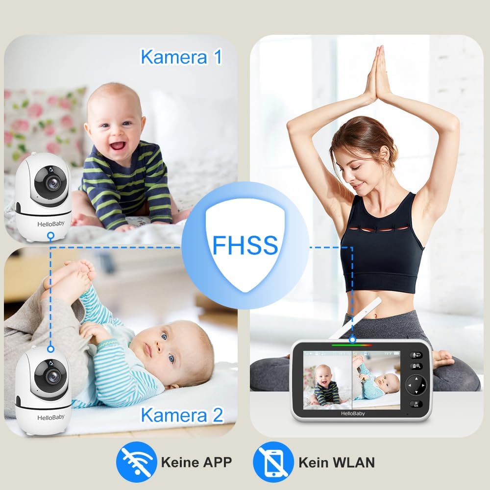 HelloBaby Babyphone mit Kamera, 3500 mAh Akku mit 5 Zoll Bildschirm, 355° Schwenken-120° Neige-Zoomen, Babyfone ohne WLAN, 2 Wege Audio, Temperatur, 8 Schlaflieder, Nachtsicht, HB6550