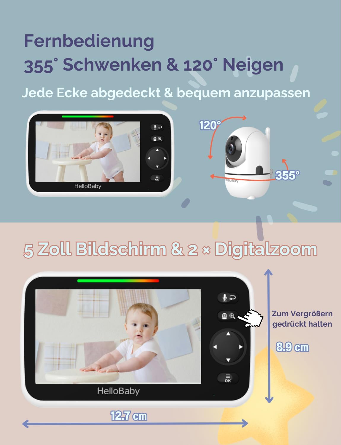 HelloBaby Babyphone mit Kamera, 3500 mAh Akku mit 5 Zoll Bildschirm, 355° Schwenken-120° Neige-Zoomen, Babyfone ohne WLAN, 2 Wege Audio, Temperatur, 8 Schlaflieder, Nachtsicht, HB6550