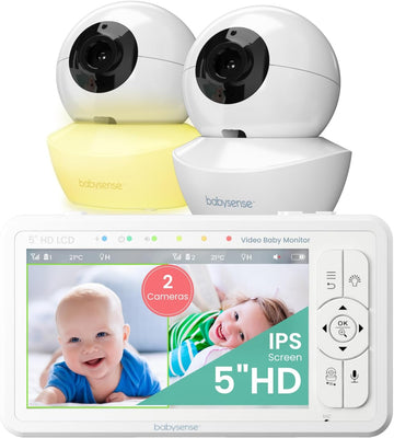 Babysense Babyphone HD 5 Zoll mit 2 Kameras, Video Babyphone ohne WLAN, Nachtlicht, Wiegenlieder, 300m Reichweite, Zwei-Wege-Audio, 4-facher Zoom, 4000mAh Akku