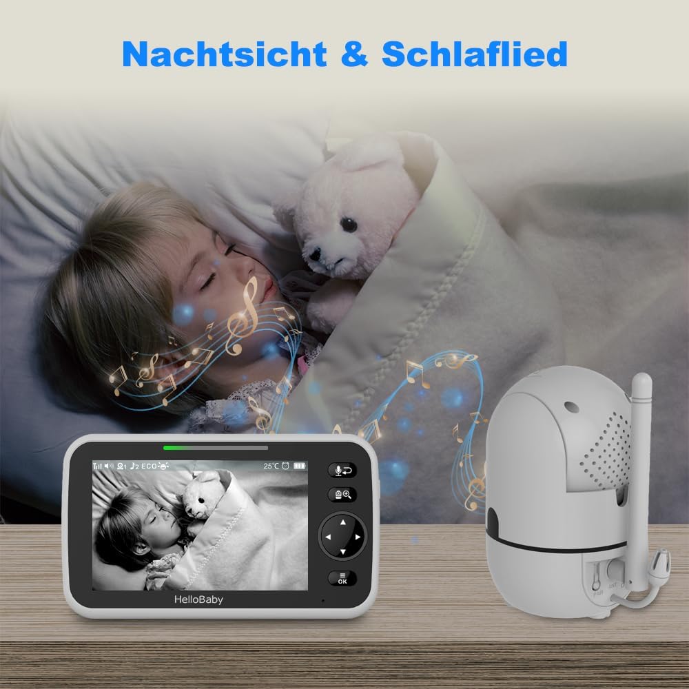 HelloBaby Babyphone mit Kamera, 3500 mAh Akku mit 5 Zoll Bildschirm, 355° Schwenken-120° Neige-Zoomen, Babyfone ohne WLAN, 2 Wege Audio, Temperatur, 8 Schlaflieder, Nachtsicht, HB6550