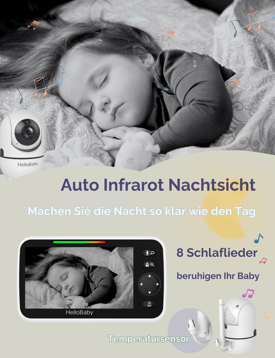 HelloBaby Babyphone mit Kamera, 3500 mAh Akku mit 5 Zoll Bildschirm, 355° Schwenken-120° Neige-Zoomen, Babyfone ohne WLAN, 2 Wege Audio, Temperatur, 8 Schlaflieder, Nachtsicht, HB6550