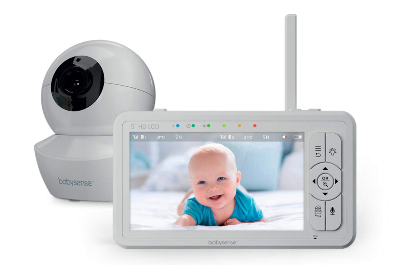 Babysense Babyphone HD 5 Zoll mit 2 Kameras, Video Babyphone ohne WLAN, Nachtlicht, Wiegenlieder, 300m Reichweite, Zwei-Wege-Audio, 4-facher Zoom, 4000mAh Akku