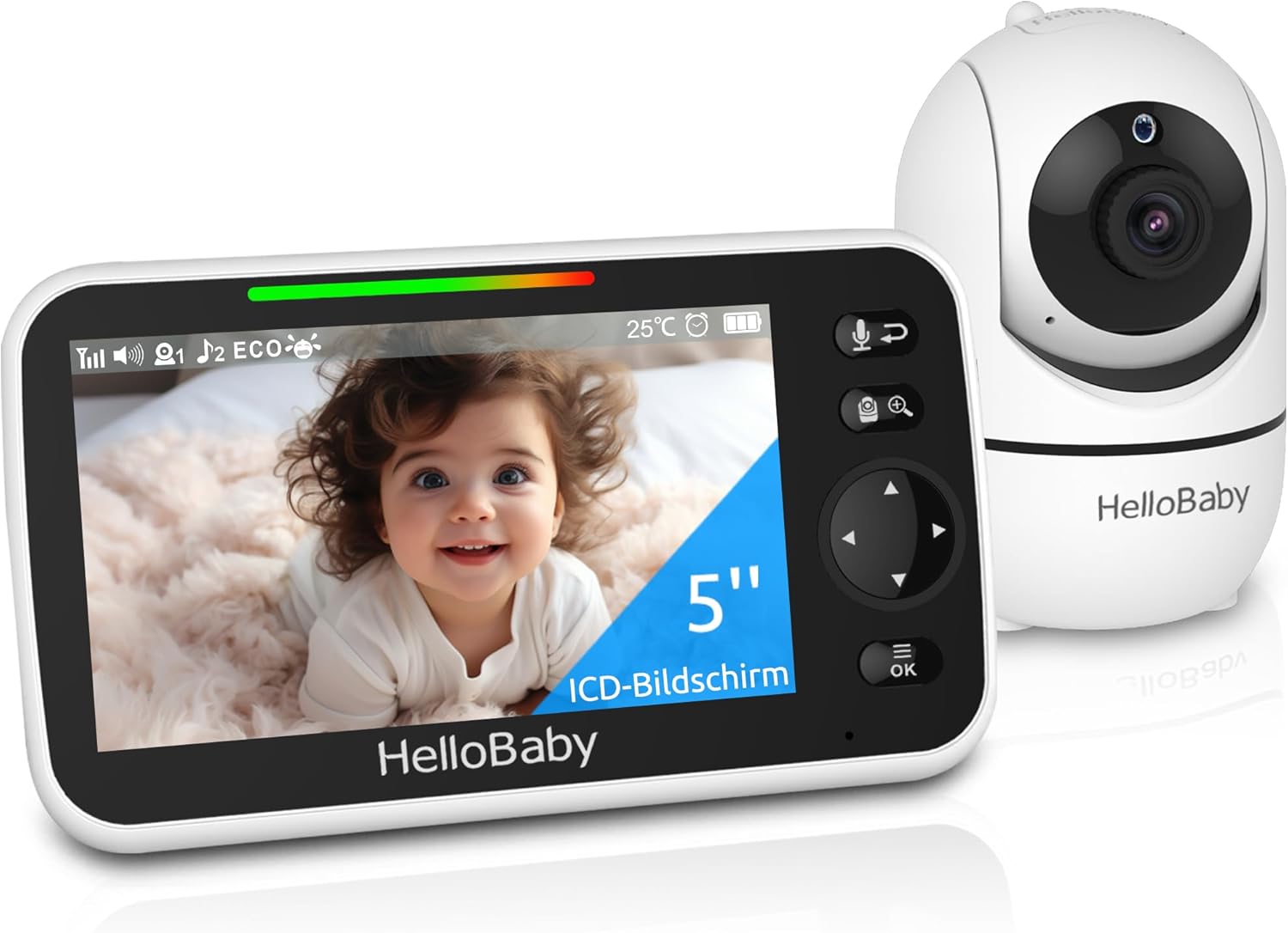 HelloBaby Babyphone mit Kamera, 3500 mAh Akku mit 5 Zoll Bildschirm, 355° Schwenken-120° Neige-Zoomen, Babyfone ohne WLAN, 2 Wege Audio, Temperatur, 8 Schlaflieder, Nachtsicht, HB6550