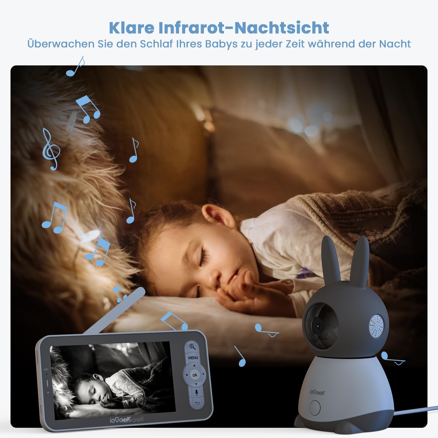 ieGeek Babyphone mit Kamera Top Qualität 2K/3MP, 5 Zoll WLAN Video babyfone PTZ 360°, IR-Nachtsicht, Automatische Verfolgung, Weinen/Bewegungs/Geräuscherkennung, Temperaturanzeige,Mobile App Steuerung