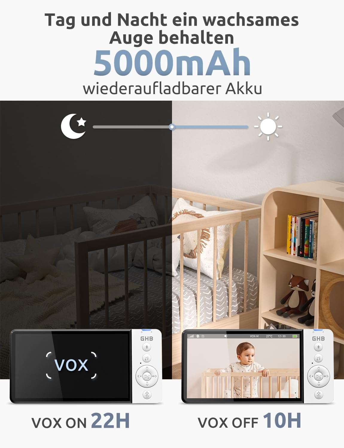 GHB Babyphone mit Kamera 5 Zoll 350° Rotation 5000mAh 720P Nachtsicht VOX-Modus Digitalzoom GegensprechfunktionTemperaturanzeige ABM720C
