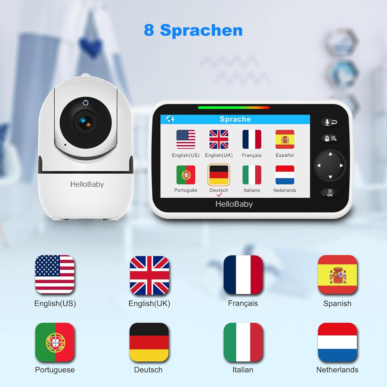 HelloBaby Babyphone mit Kamera, 3500 mAh Akku mit 5 Zoll Bildschirm, 355° Schwenken-120° Neige-Zoomen, Babyfone ohne WLAN, 2 Wege Audio, Temperatur, 8 Schlaflieder, Nachtsicht, HB6550