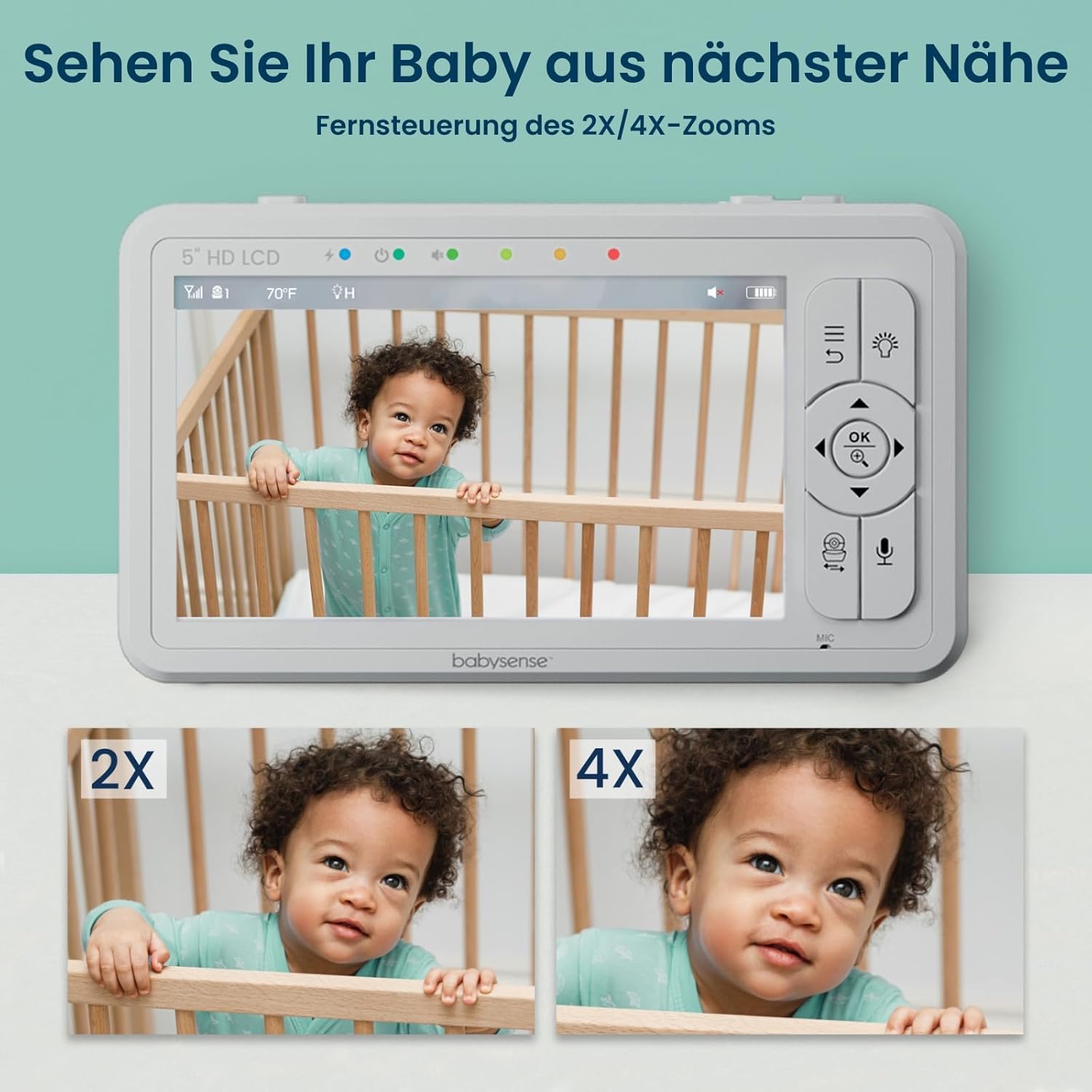 Babysense Babyphone HD 5 Zoll mit 2 Kameras, Video Babyphone ohne WLAN, Nachtlicht, Wiegenlieder, 300m Reichweite, Zwei-Wege-Audio, 4-facher Zoom, 4000mAh Akku