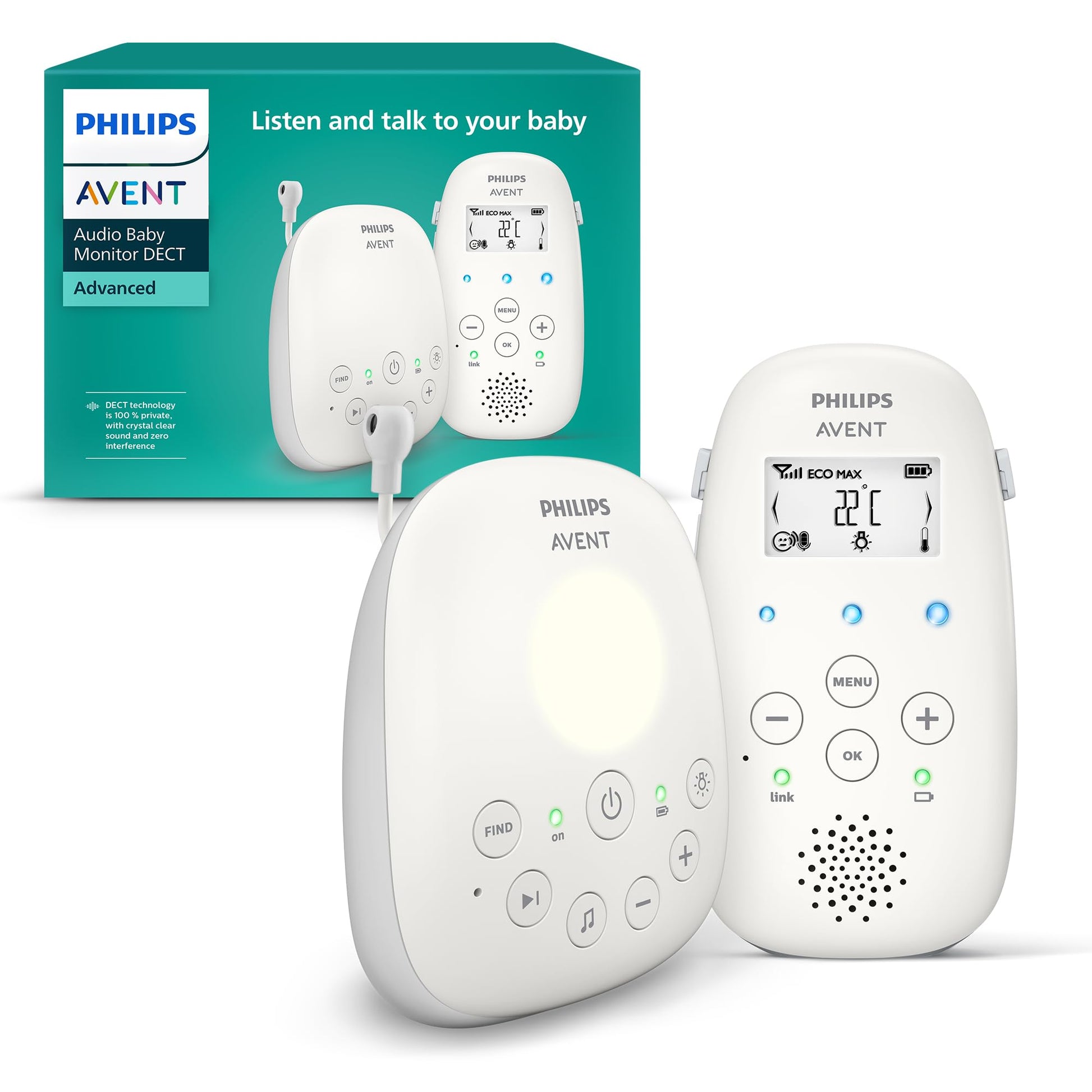 Philips AVENT DECT-Audio-Babyphone, Gegensprechfunktion, störungsfrei, 330 Meter Reichweite, 24 Stunden Akkulaufzeit, Smart ECO-Modus, Nachtlicht, SCD503/26