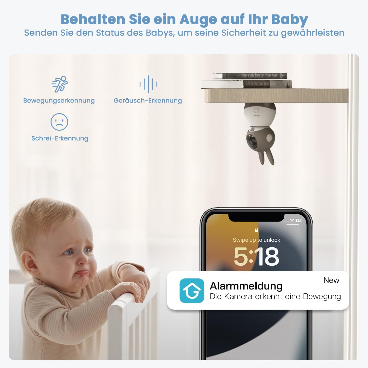 ieGeek Babyphone mit Kamera Top Qualität 2K/3MP, 5 Zoll WLAN Video babyfone PTZ 360°, IR-Nachtsicht, Automatische Verfolgung, Weinen/Bewegungs/Geräuscherkennung, Temperaturanzeige,Mobile App Steuerung