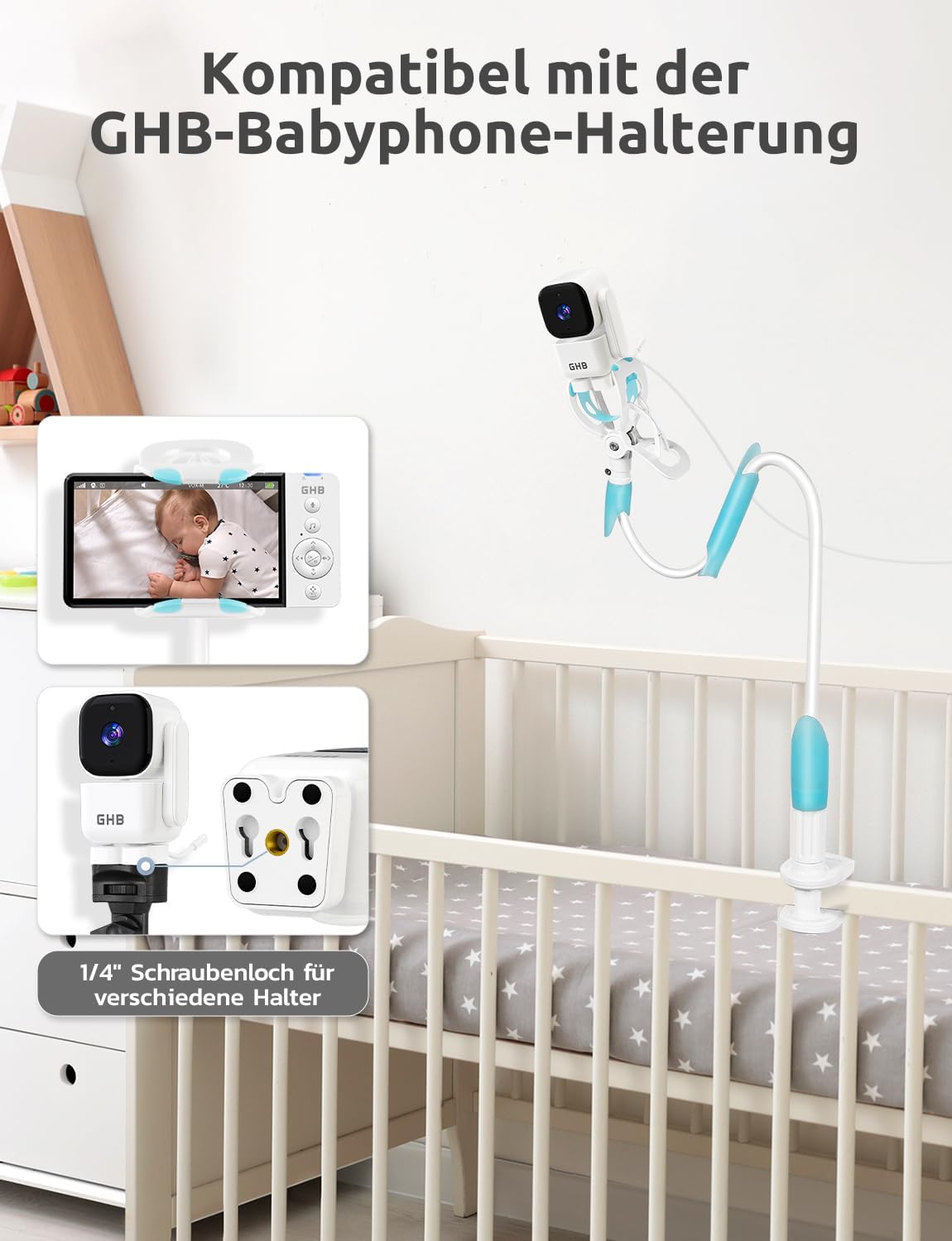 GHB Babyphone mit Kamera 5 Zoll 350° Rotation 5000mAh 720P Nachtsicht VOX-Modus Digitalzoom GegensprechfunktionTemperaturanzeige ABM720C