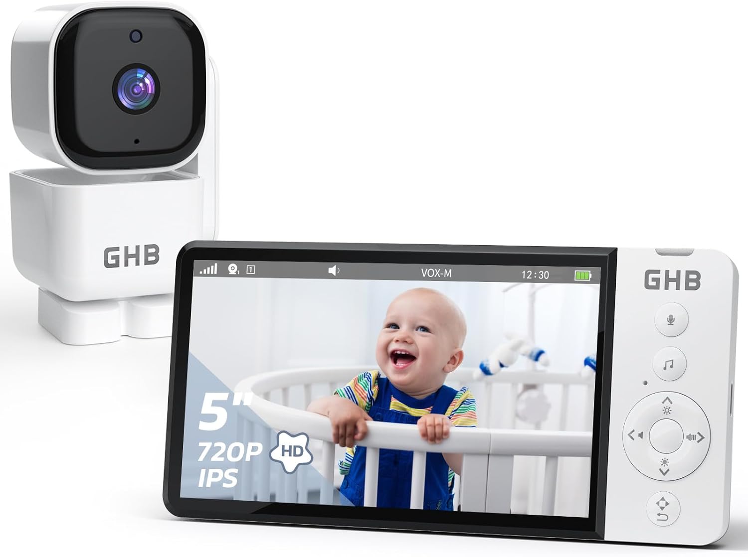 GHB Babyphone mit Kamera 5 Zoll 350° Rotation 5000mAh 720P Nachtsicht VOX-Modus Digitalzoom GegensprechfunktionTemperaturanzeige ABM720C