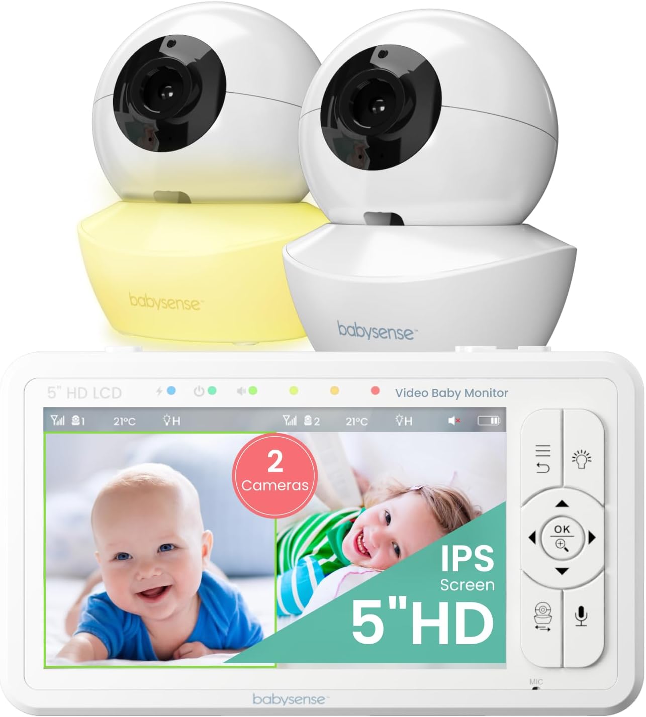Babysense Babyphone HD 5 Zoll mit 2 Kameras, Video Babyphone ohne WLAN, Nachtlicht, Wiegenlieder, 300m Reichweite, Zwei-Wege-Audio, 4-facher Zoom, 4000mAh Akku