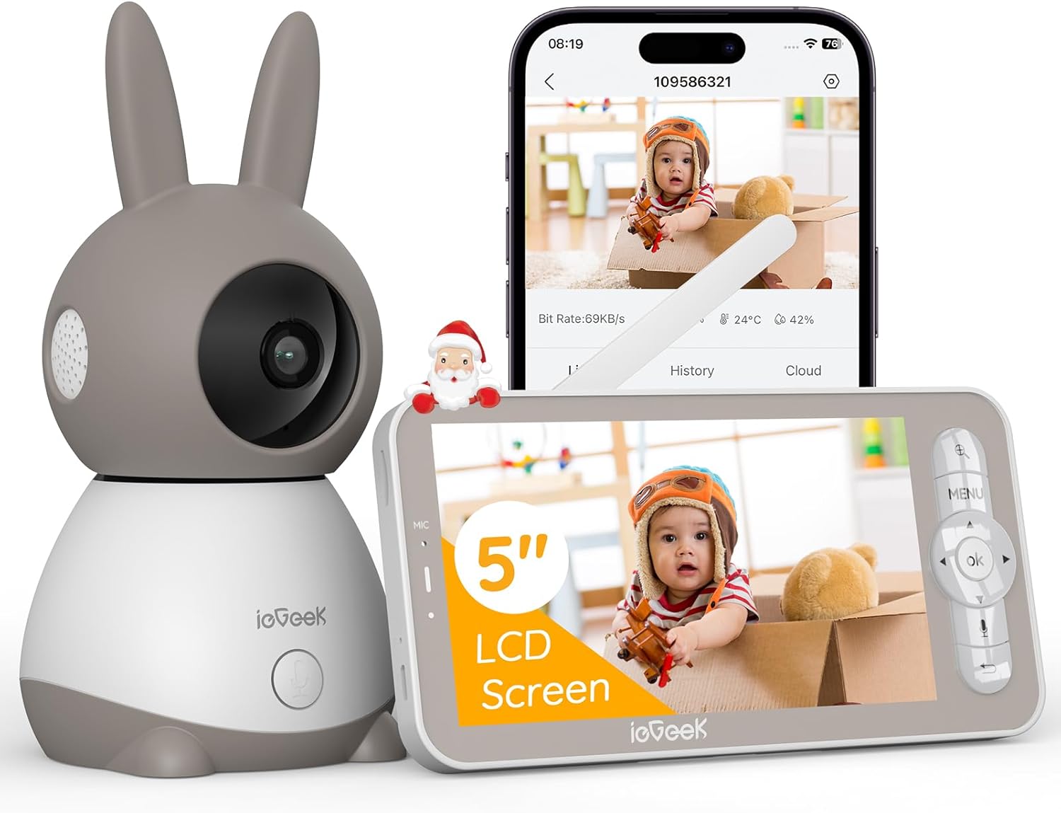 ieGeek Babyphone mit Kamera Top Qualität 2K/3MP, 5 Zoll WLAN Video babyfone PTZ 360°, IR-Nachtsicht, Automatische Verfolgung, Weinen/Bewegungs/Geräuscherkennung, Temperaturanzeige,Mobile App Steuerung