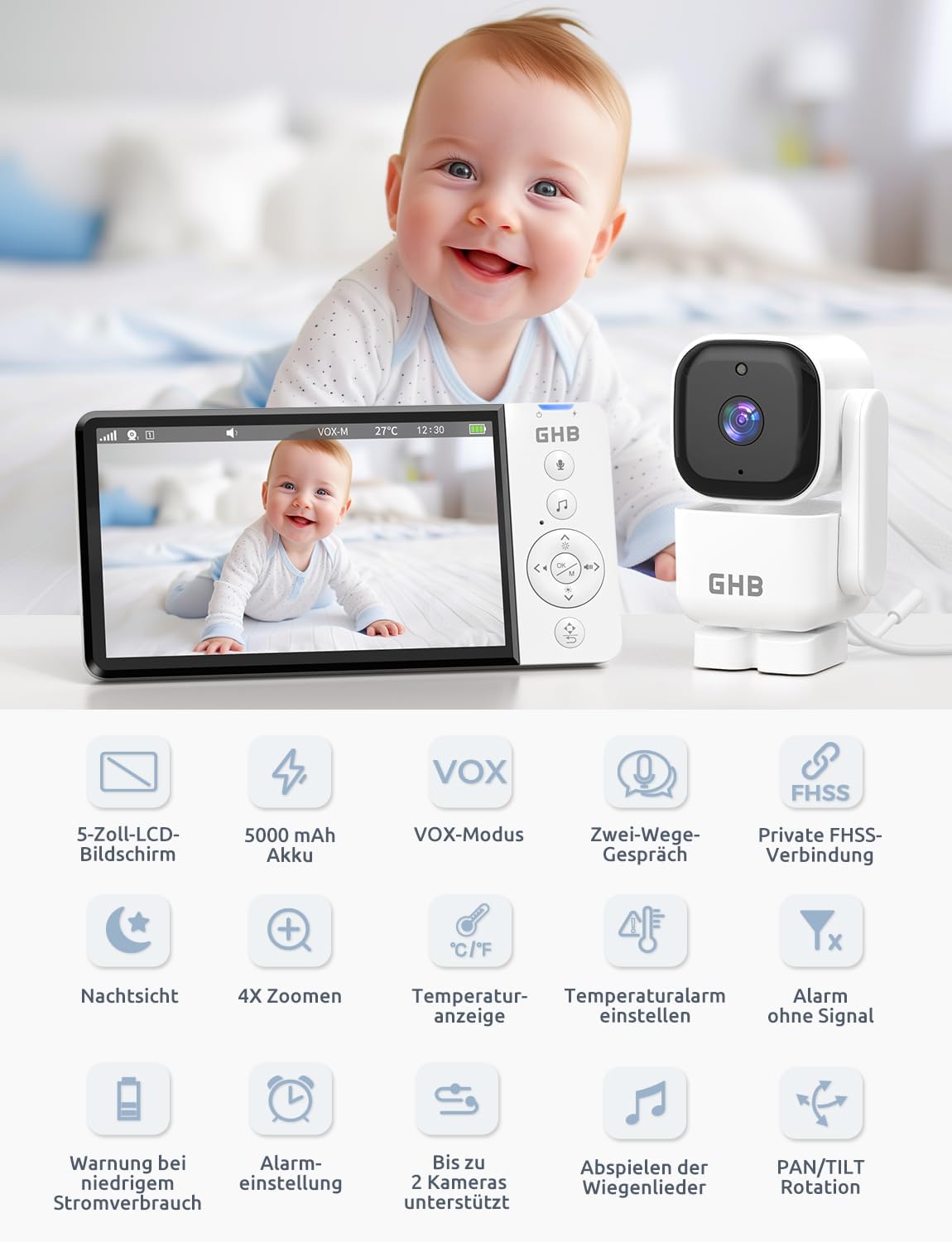 GHB Babyphone mit Kamera 5 Zoll 350° Rotation 5000mAh 720P Nachtsicht VOX-Modus Digitalzoom GegensprechfunktionTemperaturanzeige ABM720C