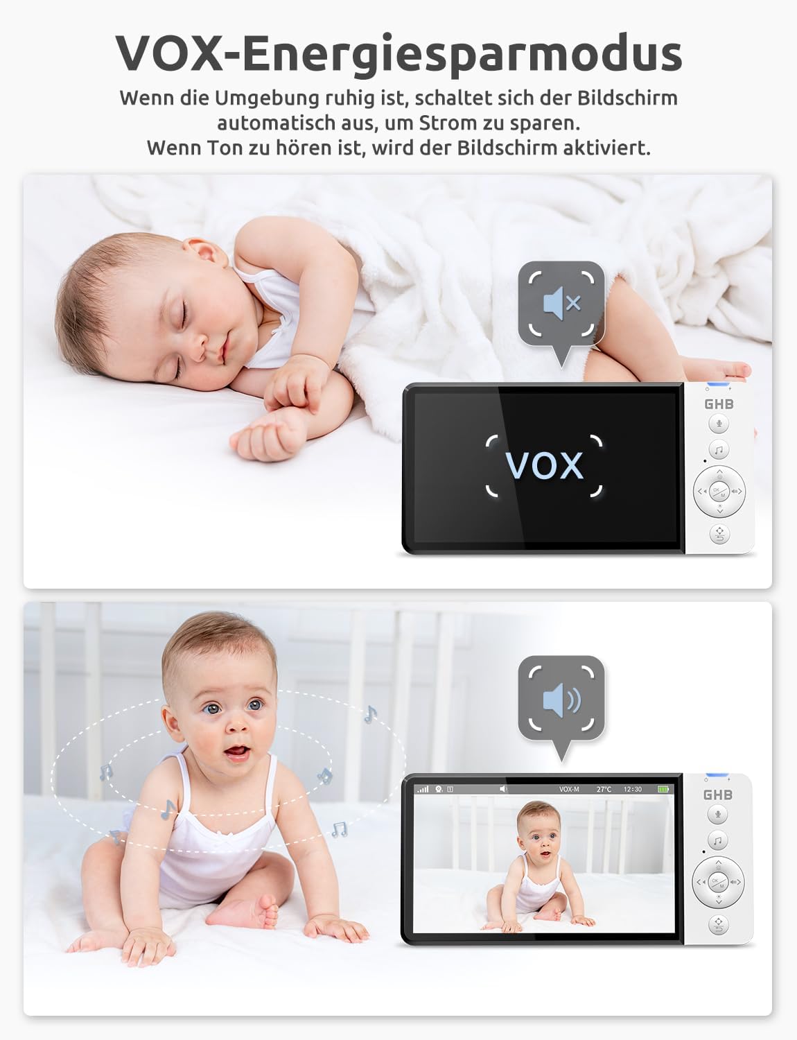 GHB Babyphone mit Kamera 5 Zoll 350° Rotation 5000mAh 720P Nachtsicht VOX-Modus Digitalzoom GegensprechfunktionTemperaturanzeige ABM720C