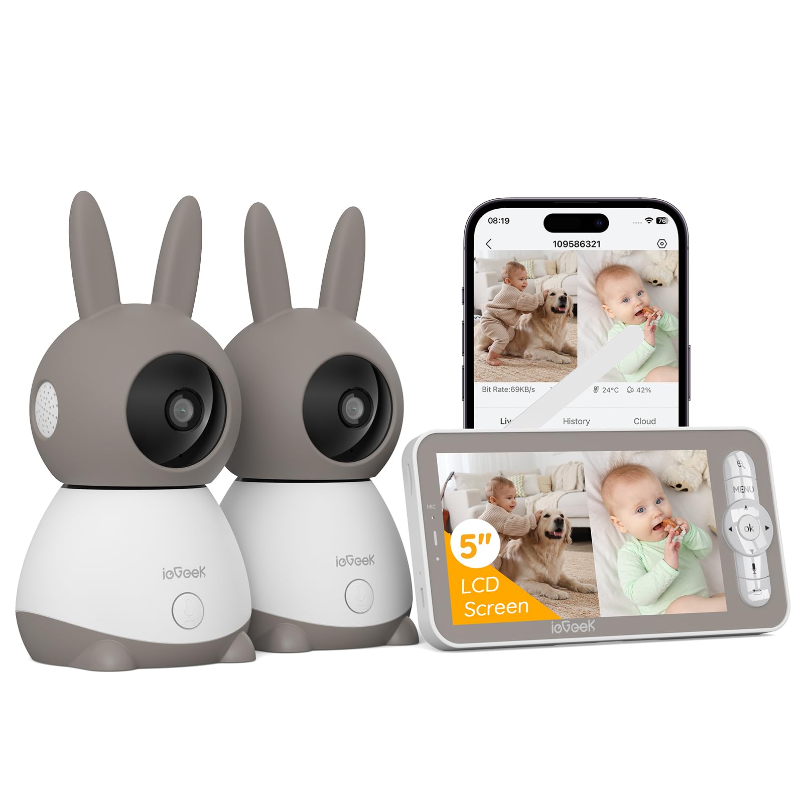 ieGeek Babyphone mit Kamera Top Qualität 2K/3MP, 5 Zoll WLAN Video babyfone PTZ 360°, IR-Nachtsicht, Automatische Verfolgung, Weinen/Bewegungs/Geräuscherkennung, Temperaturanzeige,Mobile App Steuerung