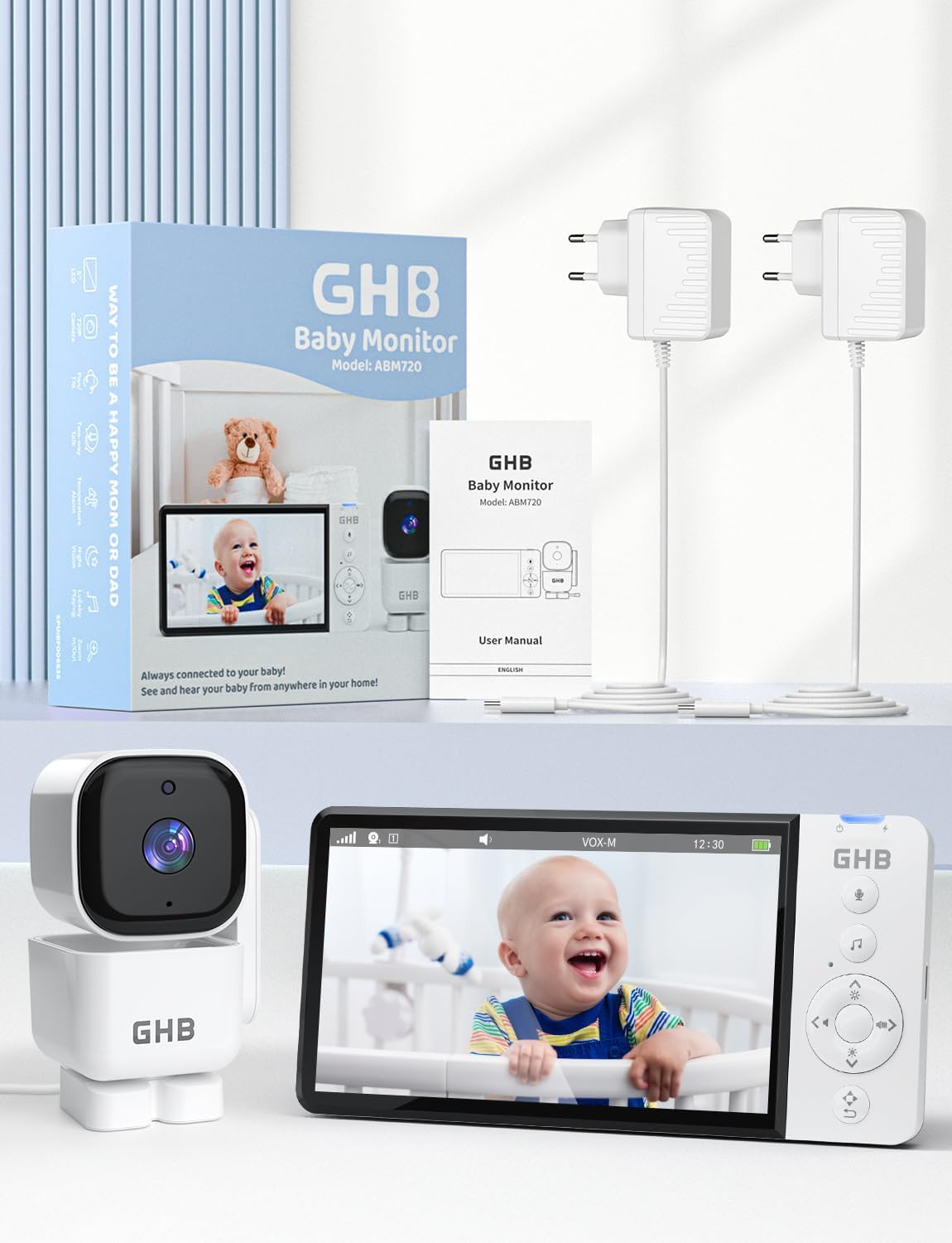GHB Babyphone mit Kamera 5 Zoll 350° Rotation 5000mAh 720P Nachtsicht VOX-Modus Digitalzoom GegensprechfunktionTemperaturanzeige ABM720C