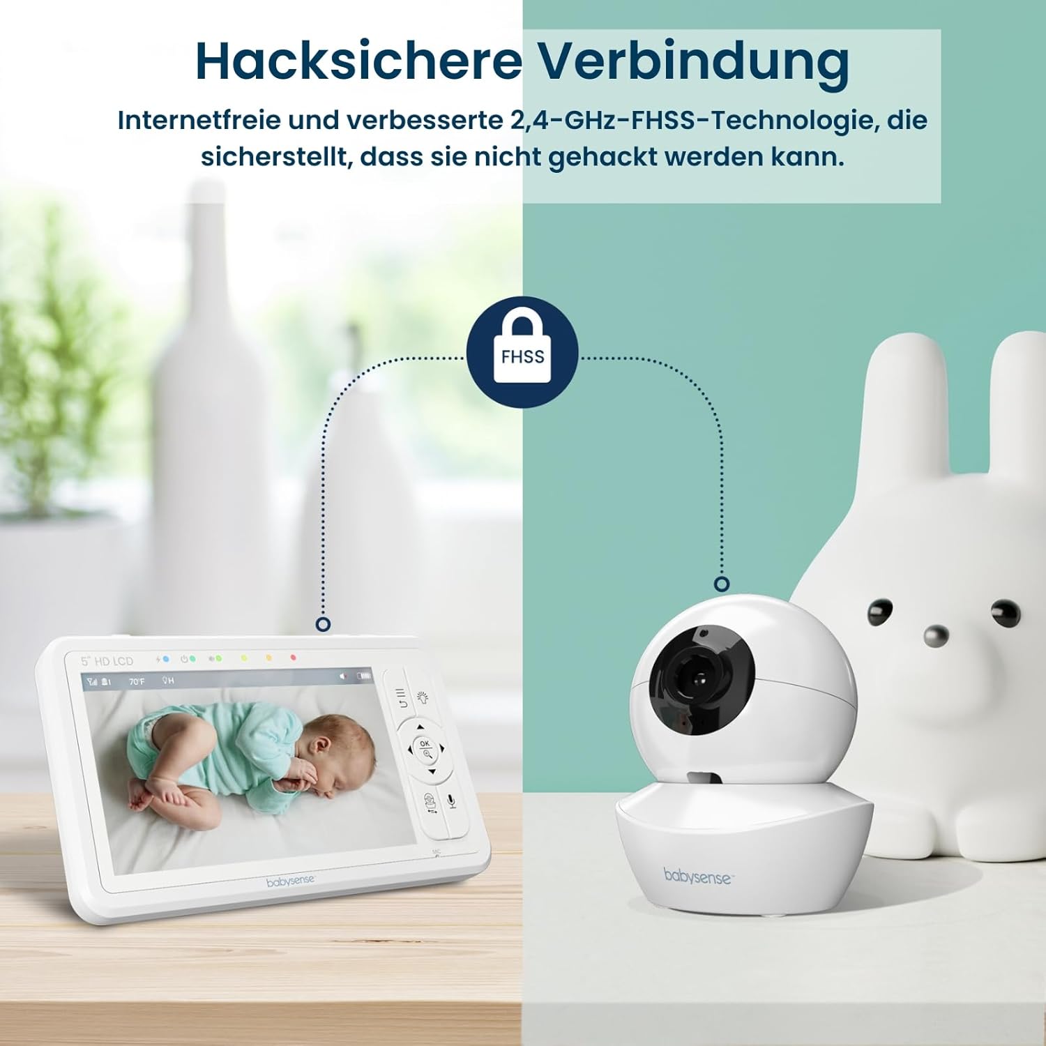 Babysense Babyphone HD 5 Zoll mit 2 Kameras, Video Babyphone ohne WLAN, Nachtlicht, Wiegenlieder, 300m Reichweite, Zwei-Wege-Audio, 4-facher Zoom, 4000mAh Akku