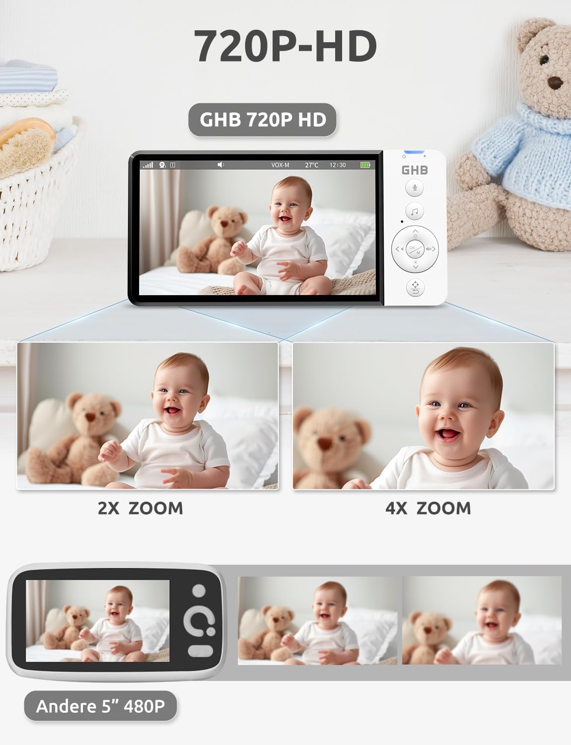 GHB Babyphone mit Kamera 5 Zoll 350° Rotation 5000mAh 720P Nachtsicht VOX-Modus Digitalzoom GegensprechfunktionTemperaturanzeige ABM720C