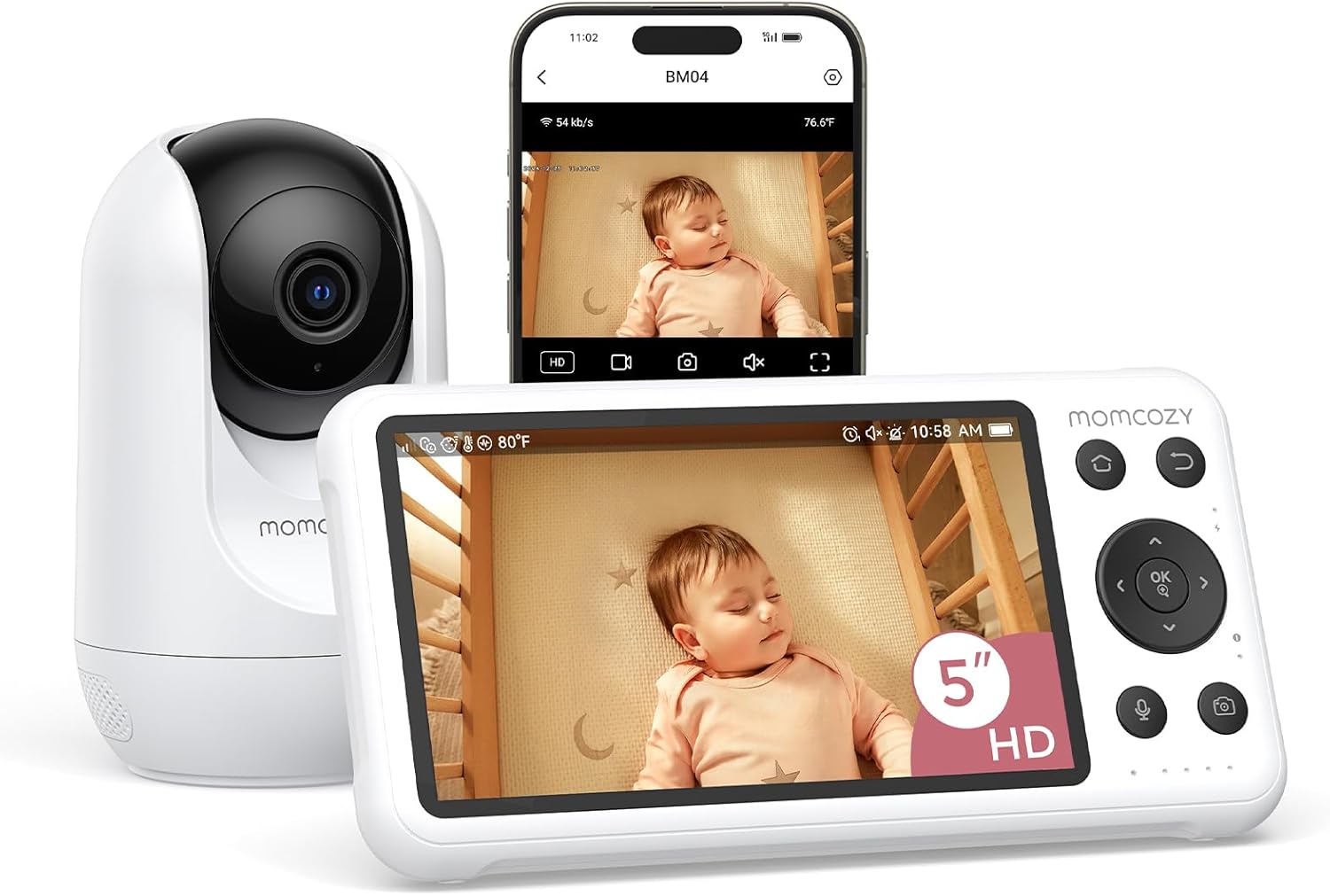 Momcozy BM04 Babyphone mit Kamera App, 5 Zoll WLAN Video Babyphone mit Kamera und Audio, 4×Zoom, Bewegungs und Weinenkennung, sicherer Zaun, klare Nachtsicht, 2-Wege-Gespräch, Foto & Videoaufzeichnung