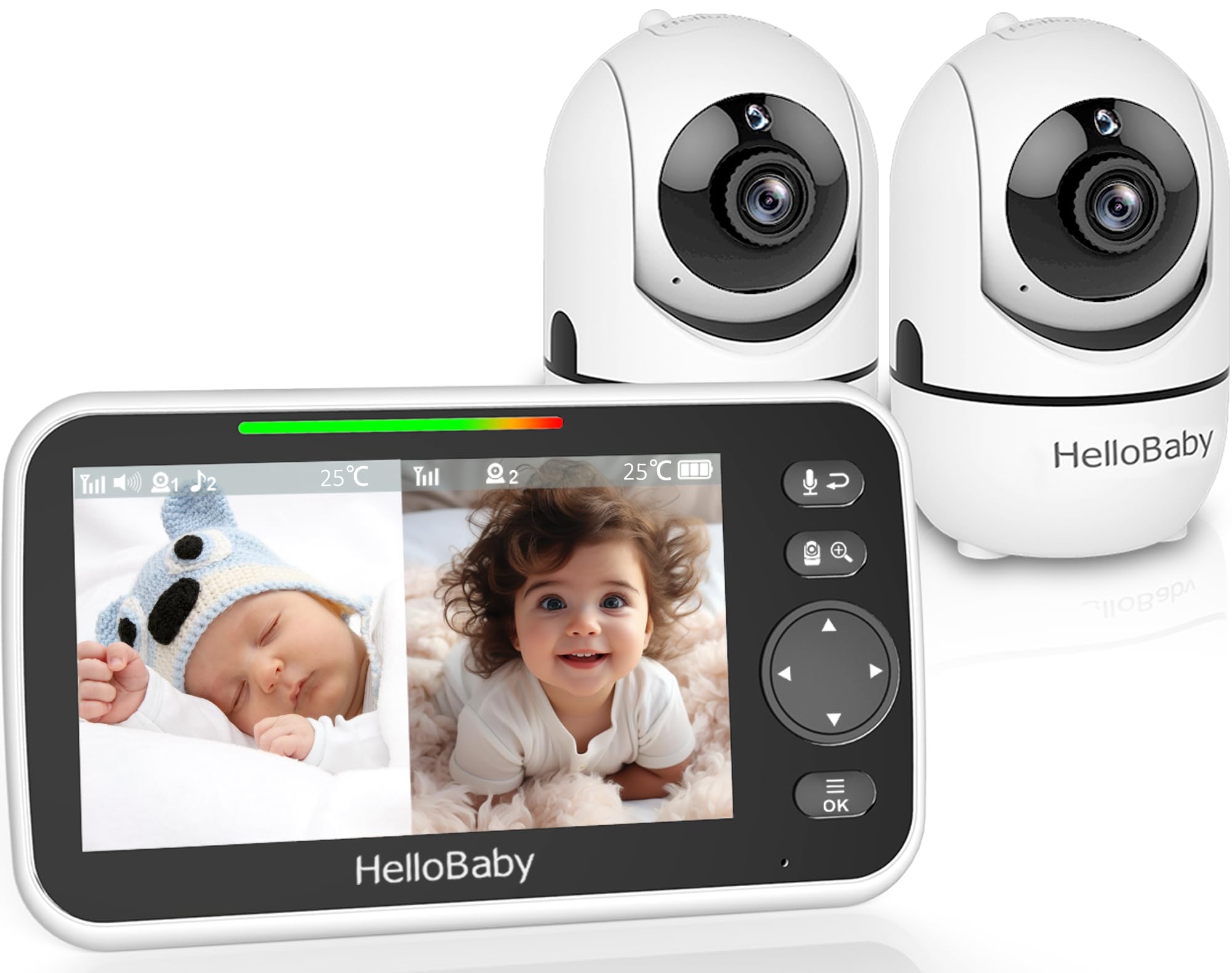 HelloBaby Babyphone mit Kamera, 3500 mAh Akku mit 5 Zoll Bildschirm, 355° Schwenken-120° Neige-Zoomen, Babyfone ohne WLAN, 2 Wege Audio, Temperatur, 8 Schlaflieder, Nachtsicht, HB6550
