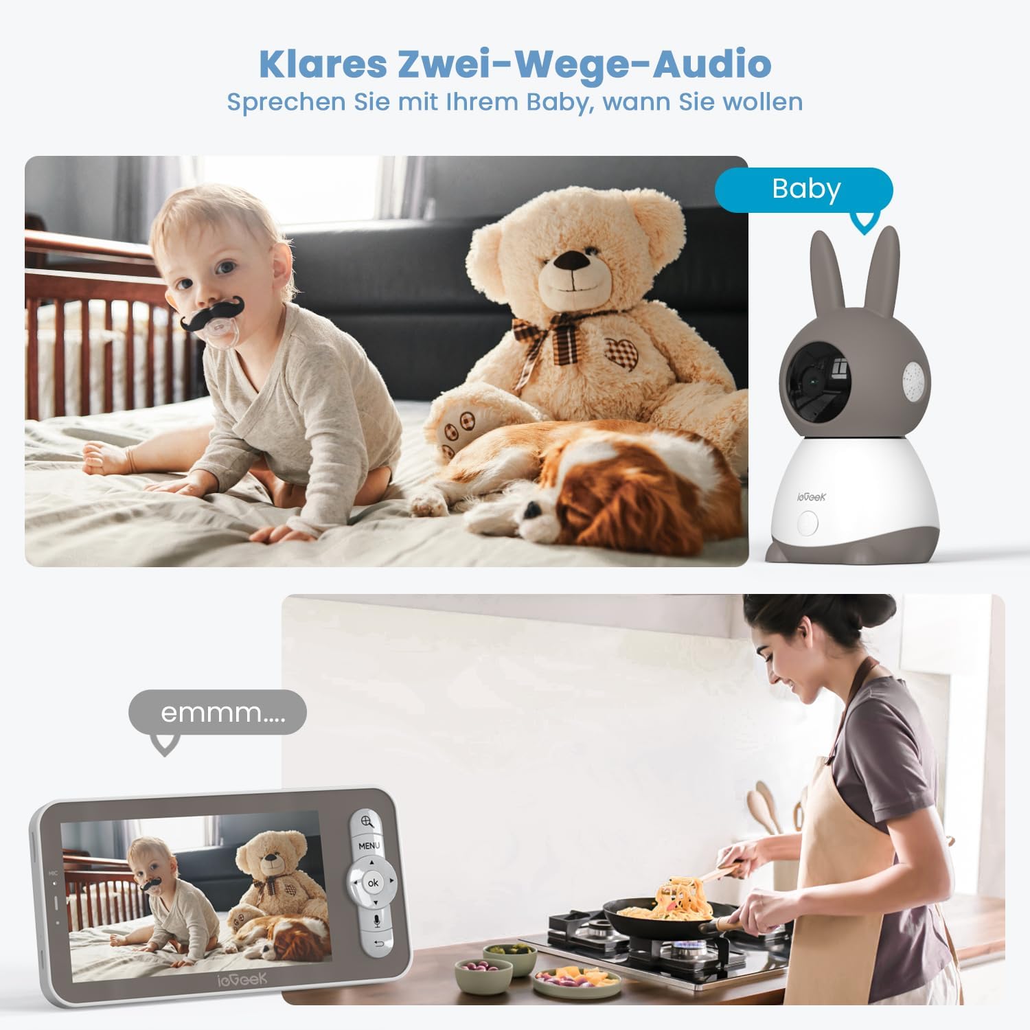 ieGeek Babyphone mit Kamera Top Qualität 2K/3MP, 5 Zoll WLAN Video babyfone PTZ 360°, IR-Nachtsicht, Automatische Verfolgung, Weinen/Bewegungs/Geräuscherkennung, Temperaturanzeige,Mobile App Steuerung