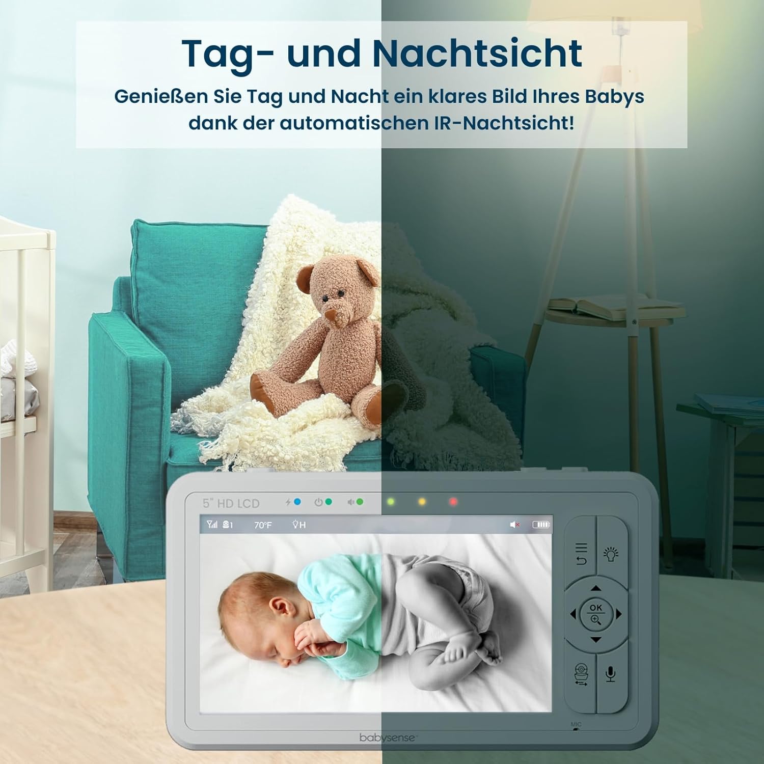 Babysense Babyphone HD 5 Zoll mit 2 Kameras, Video Babyphone ohne WLAN, Nachtlicht, Wiegenlieder, 300m Reichweite, Zwei-Wege-Audio, 4-facher Zoom, 4000mAh Akku