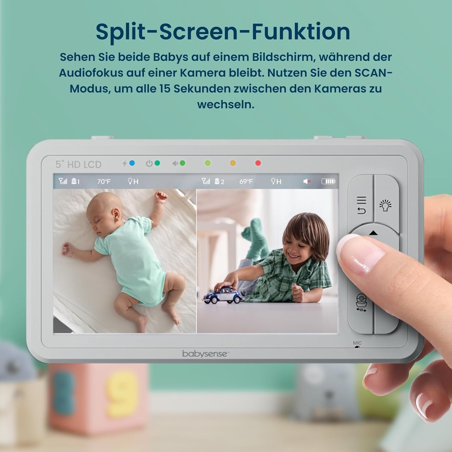 Babysense Babyphone HD 5 Zoll mit 2 Kameras, Video Babyphone ohne WLAN, Nachtlicht, Wiegenlieder, 300m Reichweite, Zwei-Wege-Audio, 4-facher Zoom, 4000mAh Akku