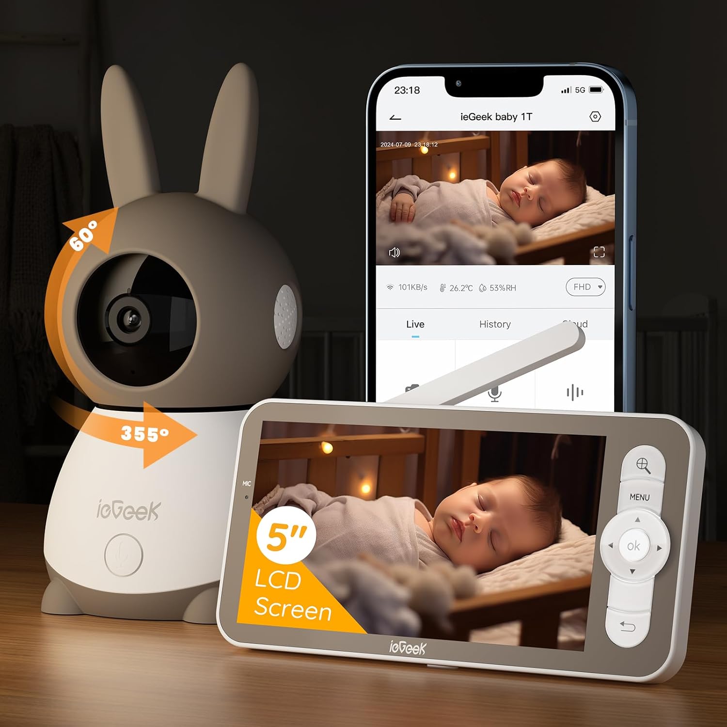ieGeek Babyphone mit Kamera Top Qualität 2K/3MP, 5 Zoll WLAN Video babyfone PTZ 360°, IR-Nachtsicht, Automatische Verfolgung, Weinen/Bewegungs/Geräuscherkennung, Temperaturanzeige,Mobile App Steuerung