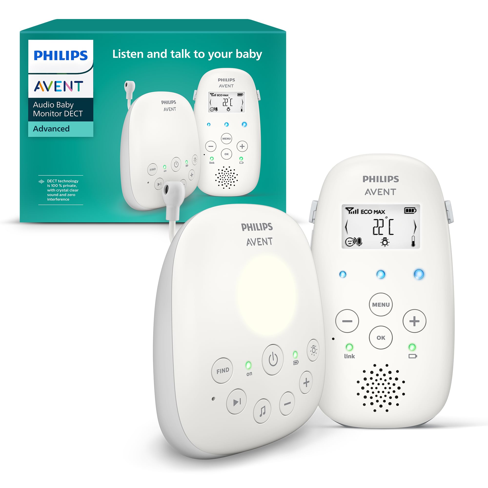 Philips AVENT DECT-Audio-Babyphone, Gegensprechfunktion, störungsfrei, 330 Meter Reichweite, 24 Stunden Akkulaufzeit, Smart ECO-Modus, Nachtlicht, SCD503/26