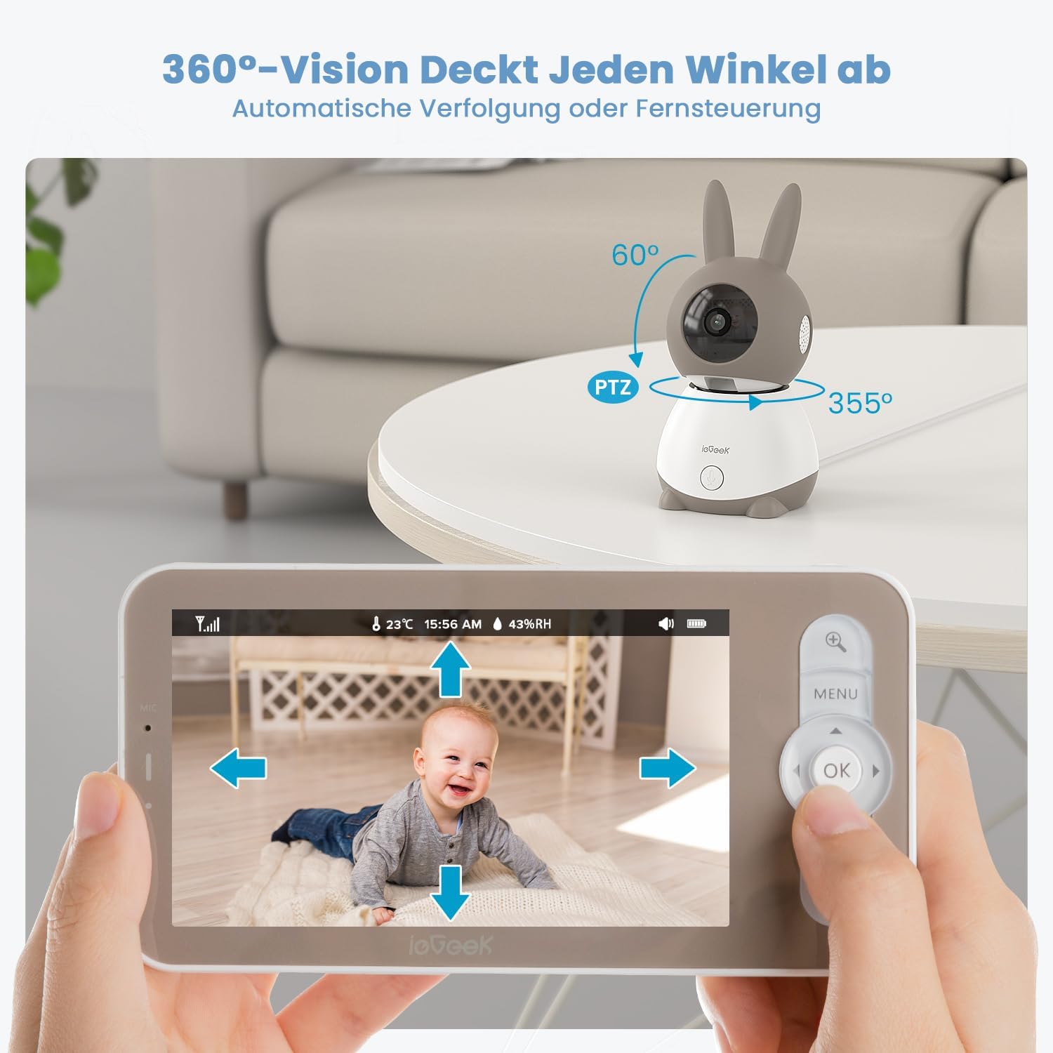 ieGeek Babyphone mit Kamera Top Qualität 2K/3MP, 5 Zoll WLAN Video babyfone PTZ 360°, IR-Nachtsicht, Automatische Verfolgung, Weinen/Bewegungs/Geräuscherkennung, Temperaturanzeige,Mobile App Steuerung